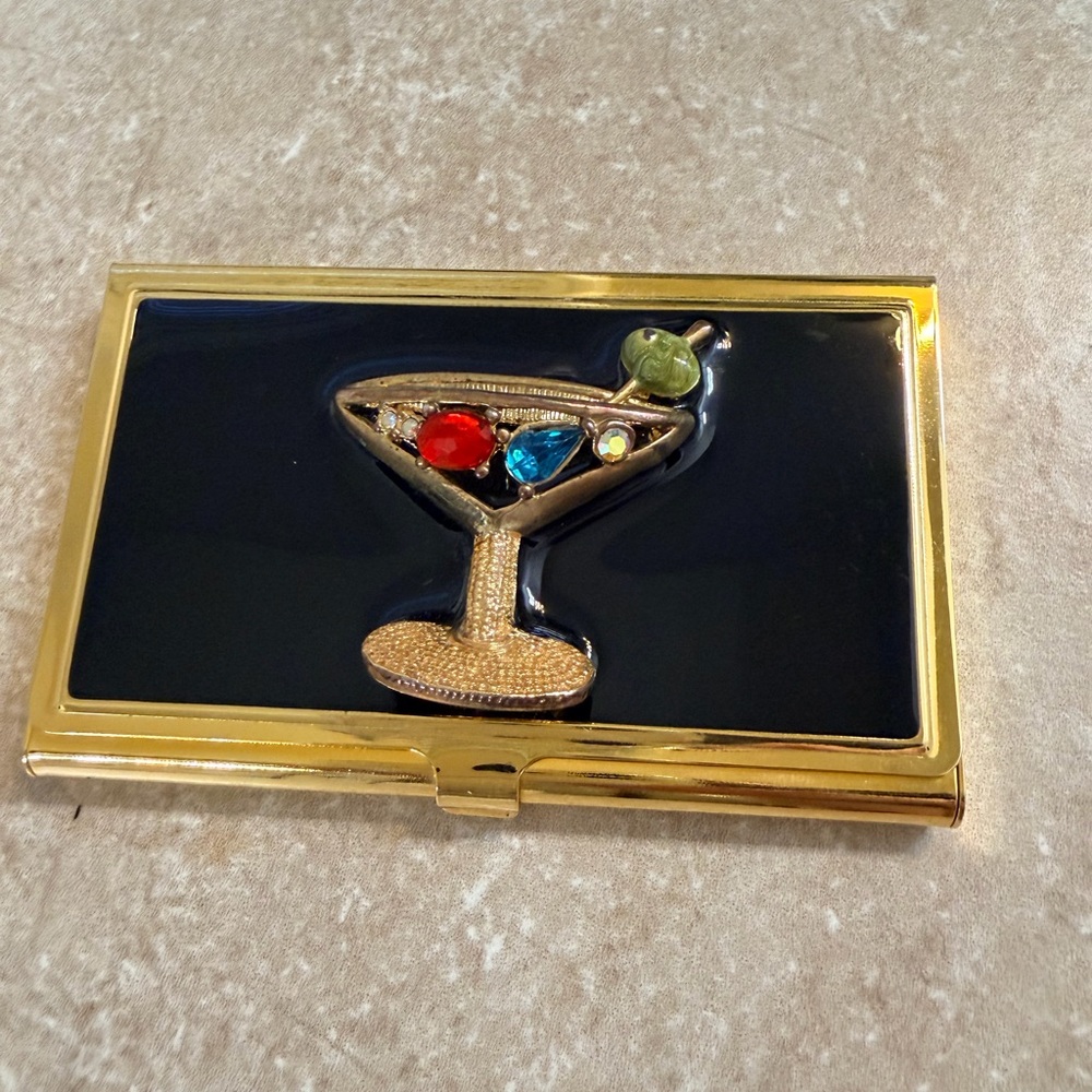 Gold-tone Black Enamel Card Case with Jeweled Martini Motif